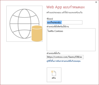 กล่องโต้ตอบ Online แบบกำหนดเองใหม่ที่แสดงไซต์ทีม Contoso ในกล่อง ตำแหน่งที่ตั้งที่พร้อมใช้งาน