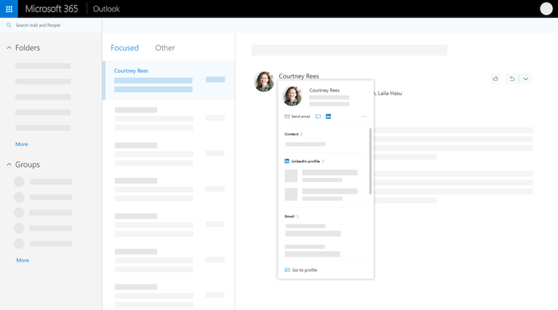 บัตรโปรไฟล์ในมุมมองโฮเวอร์ของ Outlook บนเว็บ