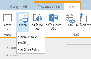 สกรีนช็อตของSharePoint Ribbon ออนไลน์ของคุณ เลือกแท็บ แทรก แล้วเลือก รูปภาพ เพื่อเลือกว่าจะอัปโหลดไฟล์จากคอมพิวเตอร์ ที่อยู่เว็บ หรือเอกสารSharePointที่ตั้งของคุณ