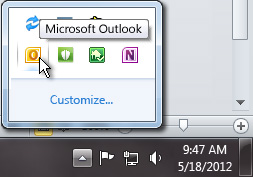 พื้นที่แจ้งให้ทราบที่ขยายออกเพื่อแสดงไอคอน Outlook