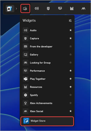 Xbox Game Bar เปิดขึ้นไปยังเมนูวิดเจ็ตและมีการเลือก Widget Store
