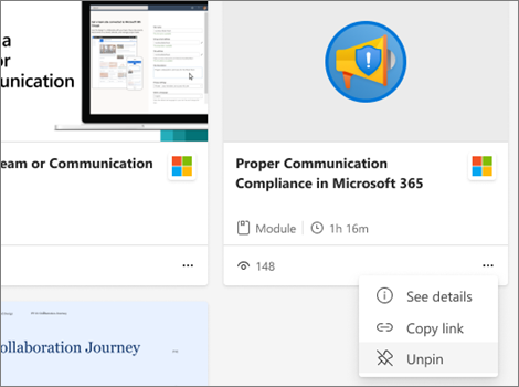 เลือก ... แล้วเลือกถอนหมุดเพื่อนำเนื้อหาออกจากแท็บการเรียนรู้