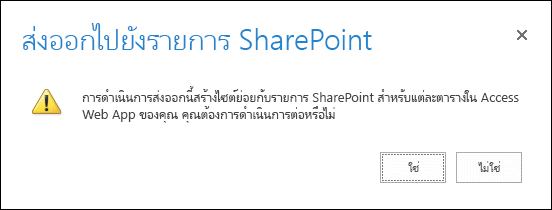 สกรีนช็อตของกล่องโต้ตอบการยืนยัน การคลิก ใช่ จะส่งออกข้อมูลไปยังรายการ SharePoint และการคลิก ไม่ จะยกเลิกการส่งออก