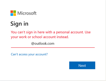 สกรีนช็อตของข้อผิดพลาดในการลงชื่อเข้าใช้ Outlook