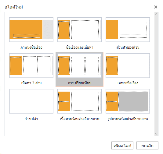 กล่องโต้ตอบสไลด์ใหม่ใน PowerPoint Online มีเค้าโครงสไลด์จำนวนมากให้เลือกใช้