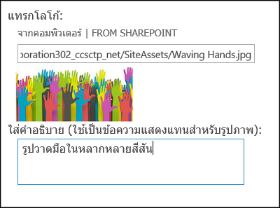 กล่องโต้ตอบโลโก้และชื่อเรื่องของไซต์ใหม่ของ SharePoint Online ซึ่งกำลังแสดงวิธีการสร้างข้อความแสดงแทนสำหรับรูปโลโก้