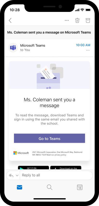 สกรีนช็อตของอีเมลบนอุปกรณ์เคลื่อนที่ที่เชิญผู้ปกครองให้เปิดข้อความของนักการศึกษาในTeamsของคุณ 