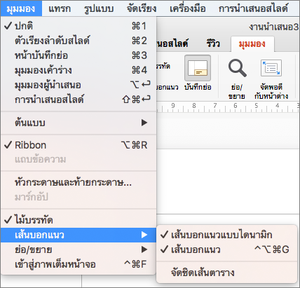 ตัวเลือกเส้นตารางและเส้นบอกแนว