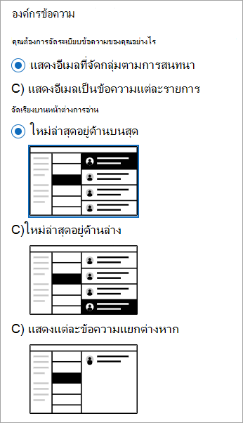 สกรีนช็อตของการตั้งค่า > ส่วนเค้าโครง> จดหมายที่แสดงส่วนองค์กรข้อความ