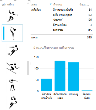 ตัวแบ่งส่วนข้อมูลที่มีรูปต่างๆ กรองการแสดงผลอื่นๆ ใน Power View