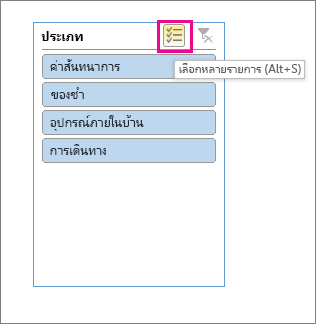 ตัวเลือกตัวแบ่งส่วนข้อมูลที่มีการเลือกปุ่มหลายปุ่มถูกเน้น