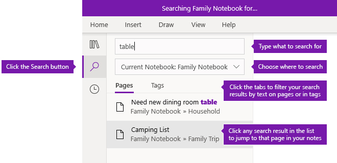 ตัวเลือกบานหน้าต่างค้นหาใน OneNote สำหรับ Windows 10