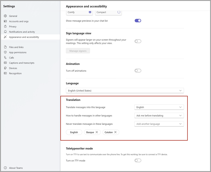 ไปที่ ลักษณะที่ปรากฏและการช่วยสําหรับการเข้าถึง ในการตั้งค่า Teams เพื่อปรับการตั้งค่าการแปล