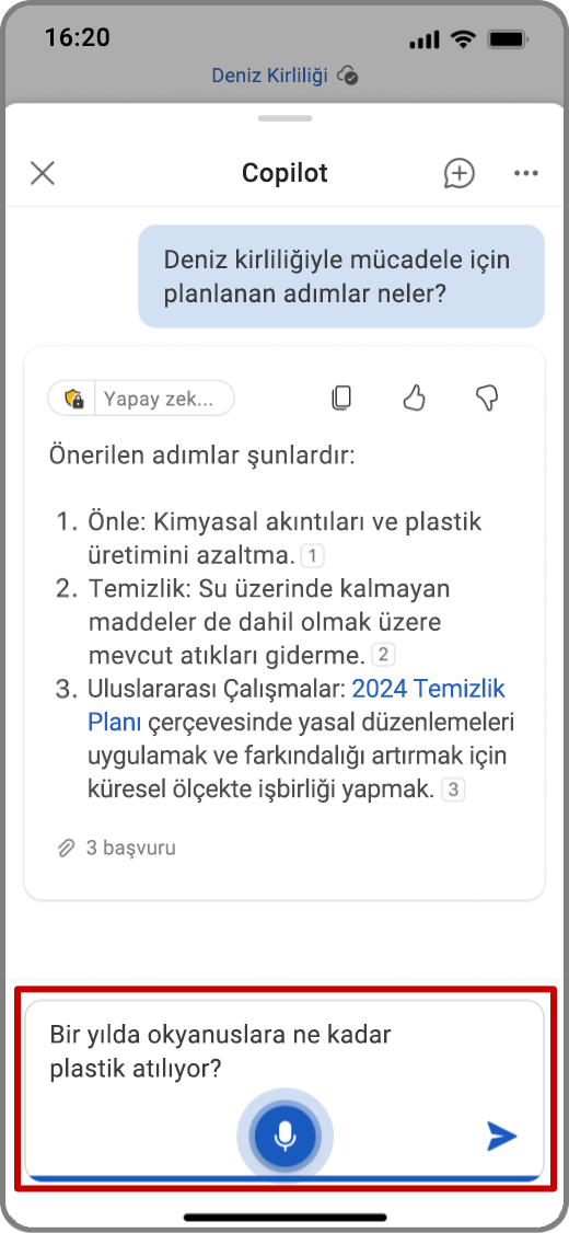 Bir iOS cihazda Word'de Copilot'un ses girişi kullanan ekran görüntüsü