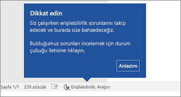 Erişilebilirlik Denetleyicisi'nin çalıştır olduğunu gösteren durum çubuğu