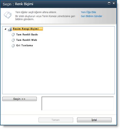Yönetilen terimleri bir ağaç denetim seçicisinden seçebilirsiniz.