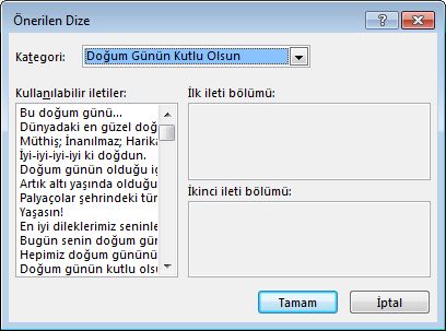 Publisher 2013'te tebrik kartları için önerilen dizeler