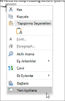 Bağlam menüsünde Yeni Açıklama’yı seçin