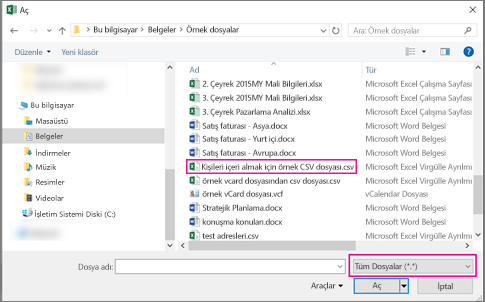 Csv dosyasını bulmak için Tüm Dosyalarda arama yaptığınızdan emin olun.
