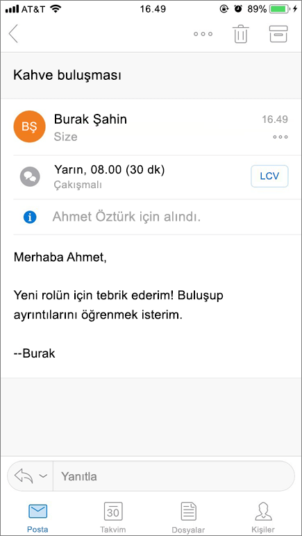 Ekran görüntüsü, posta ögesiyle bir mobil cihaz ekranı gösterir.