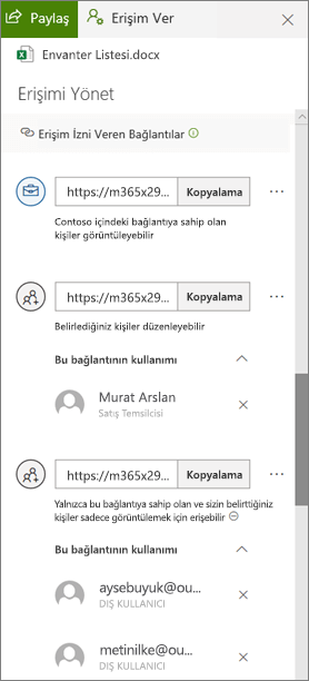 OneDrive İş'da Erişimi Yönet bölmesinin Erişim Veren bağlantılar OneDrive İş