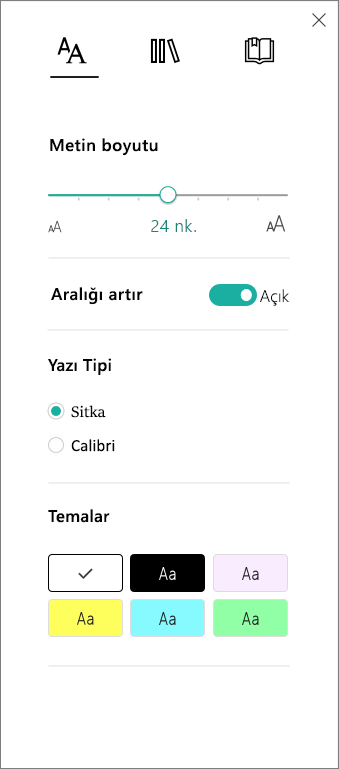 Tam Ekran Okuyucu’da Metin Seçenekleri Menüsü