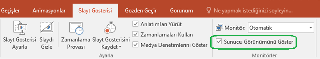 PowerPoint'te Slayt Gösterisi sekmesinde, başkalarına sunum yaparken Sunucu Görünümü’nün kullanılıp kullanılmadığını denetleyebileceğiniz bir onay kutusu vardır.