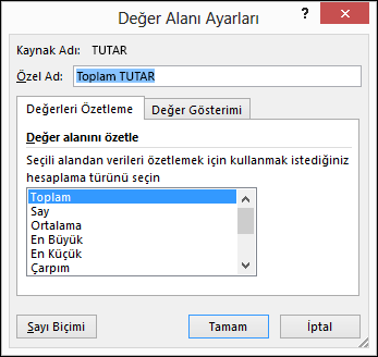 Değerleri Özetleme Ölçütü seçenekleri için Excel Değer Alanı Ayarları iletişim kutusu