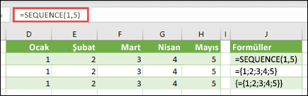 =SIRALA(1,5) veya ={1,2,3,4,5} ile yatay bir dizi sabiti oluşturun