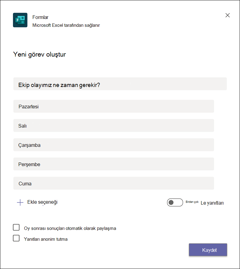 Microsoft Teams'de yeni bir anket oluşturun.