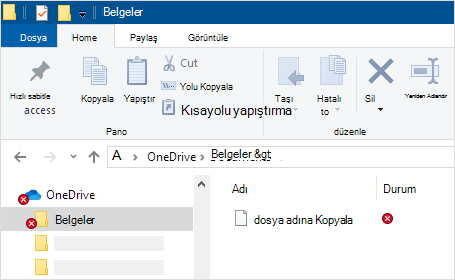 OneDrive eşitleme hatasını gösteren Dosya Gezgini