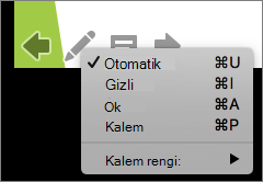 Ekran görüntüsü, slayt gösterisinde kullanılan işaretçi için kullanılabilen seçenekleri gösterir. Seçenekler Otomatik, Gizli, Ok, Kalem ve Kalem Rengi'dir.