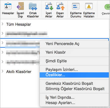 Özellikler’in seçili olduğu Exchange klasörünün bağlam menüsünü gösterir
