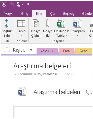 Bir Visio diyagramını OneNote 2016’ya ekleme işleminin gösterildiği ekran görüntüsü.