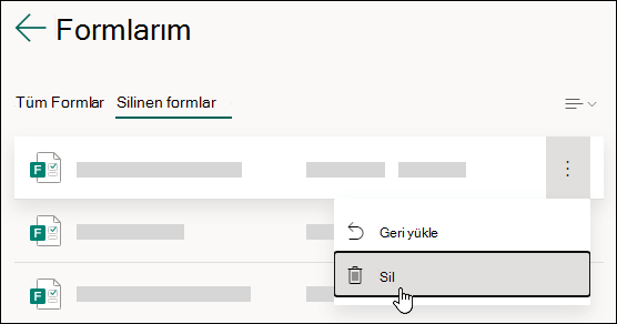 Microsoft Forms Silinmiş formlar sekmesindeki formu silme.