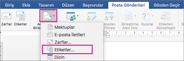 “Posta Gönderileri” sekmesinde, “Mektup Birleştirmeyi Başlat” ve “Etiketler” seçeneği vurgulanır