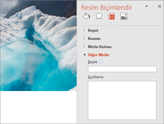 Açıklama kutusunda hiçbir Alternatif metin görünmeyen Resim Biçimlendir iletişim kutusu ile Eski buzul gölü resmi.