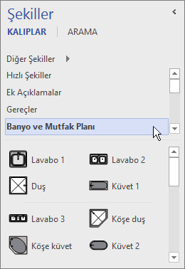 Visio, seçili durumdaki Banyo ve Mutfak Planı kalıbındaki şekilleri görüntüler