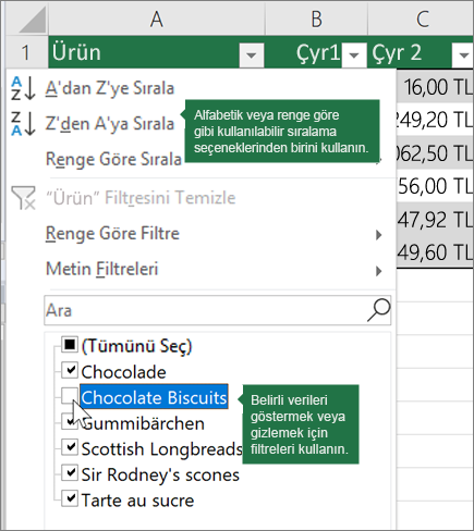 Tabloya filtre sıralama veya uygulama