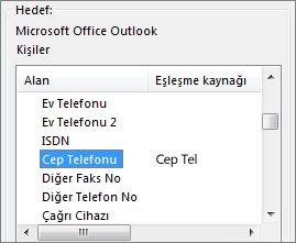 Cep tel Outlook Cep Telefonu alanıyla eşleştirilmiş