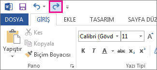 Hızlı Erişim Araç Çubuğu'ndaki Yinele komutu