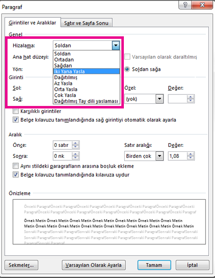 Paragraf iletişim kutusunda, hizalamanın yönüne gönderilir.