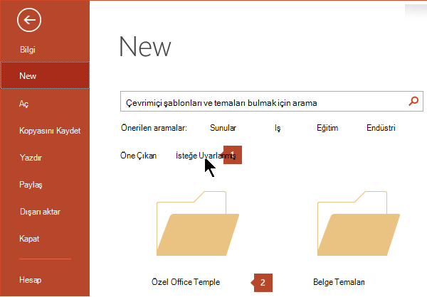 Dosya > Yeni'nin altında Özel'e ve ardından Özel Office Şablonları'nı tıklatın.