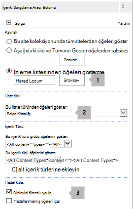 Üç açıklama balonu içeren İçerik Sorgusu Web Bölümü özellikleri listesi