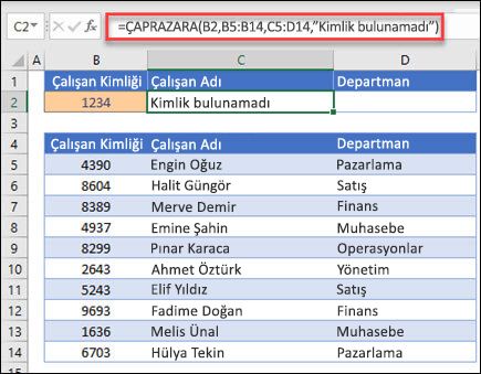 Çalışan Kimliğine dayalı olarak bulunamadığında bağımsız değişkeni kullanılarak bir Çalışan Adı ve Departmanı döndürmek için kullanılan ÇAPRAZARA işlevi örneği. Formül= ÇAPRAZARA(B2,B5:B14,C5:D14,0,1,"Çalışan bulunamadı")