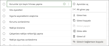 Görevleri listeleyen iletişim kutusu. Görev bağlantısını kopyala düğmesi vurgulanır.