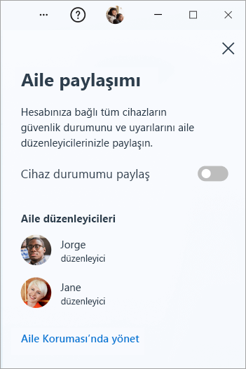 Windows'da Microsoft Defender'daki Aile paylaşım paneli.