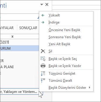Gezinti Bölmesi'ndeki menü seçenekleri için sağ tıklatma seçenekleri