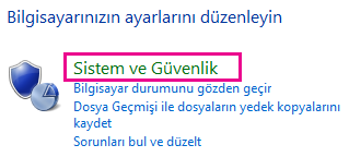 Denetim Masası'nda Windows 8 Sistem ve Güvenlik bağlantısı