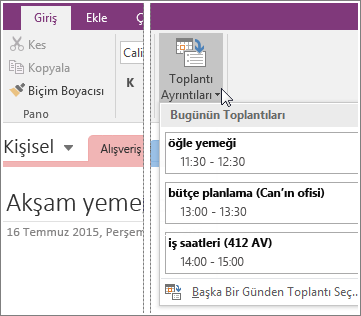 OneNote 2016’da Toplantı Ayrıntıları düğmesinin ekran görüntüsü.